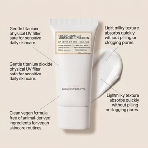 Crème solaire hydratante aux céramides de riz SPF 50 protection large spectre formule légère.