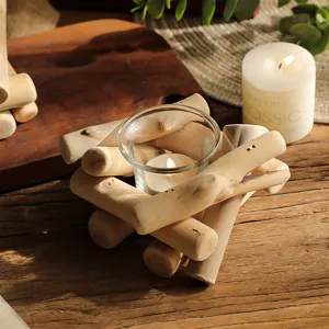 Handmade rustic creative wooden log candle holder with clear glass tea light cup for home