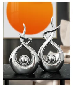 Minimalist silver abstract ceramic flame statues for luxury living room shelf decor