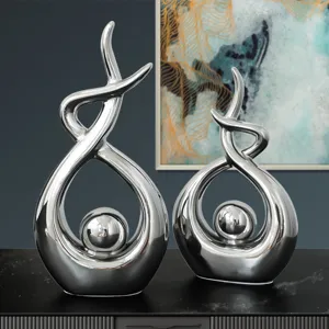 Modern silver abstract ceramic sculpture set for elegant home and living room decoration