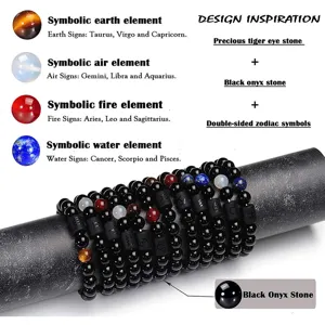 Vista detallada del brazalete zodiacal de ónix negro natural de 10 mm con elementos de piedra.