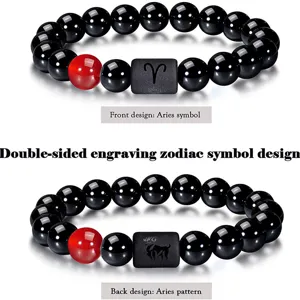 Pulsera de cuentas de ágata negra natural con abalorio grabado del signo zodiacal Aries 10mm