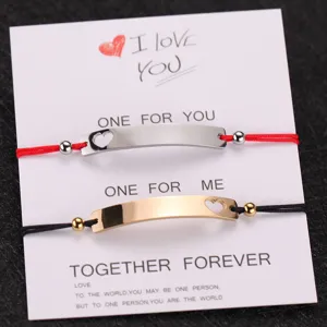 Pulsera de Cuerda Hecha a Mano de Acero Inoxidable con Barra Curvada y Colgante de Corazón Hueco Joyería Casual de Pareja Regalo para Enamorados