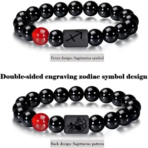 Pulsera de cuentas de ágata negra zodiaco Sagitario vista detallada con doble grabado.