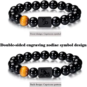 Pulsera de cuentas de Ónix negro y ojo de tigre zodíaco Capricornio grabado de doble cara