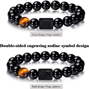 Pulsera del zodiaco de agata negra natural y ojo de tigre con detalle de Virgo.