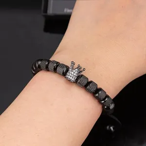 Bracelet Perles Couronne Noir Homme Corde Tressée Réglable Perle Ananas Détail