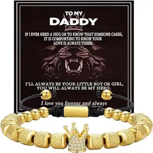 Bracelet homme reglable tresse perle ananas couronne dore avec carte message emotionnelle