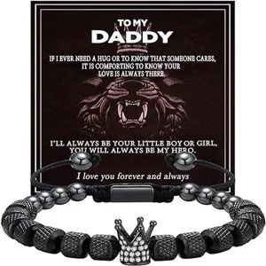 Bracelet réglable tressé vintage pour homme avec perles couronne et vue détaillée.
