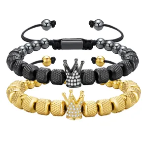Ensemble de bracelet de perles couronne homme réglable corde tressée bijoux 3pcs