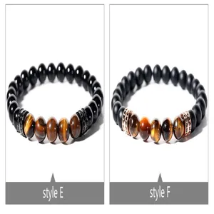 Pulsera de cuentas para hombre con ojo de tigre natural y obsidiana negra con circonita.