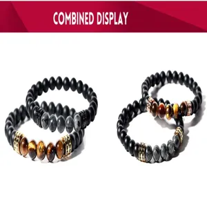 Vista detallada del juego de pulseras de cuentas para hombre con obsidiana ojo de tigre.