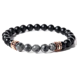 Pulsera de cuentas de obsidiana natural para hombre con espaciadores de circonita oro rosa.