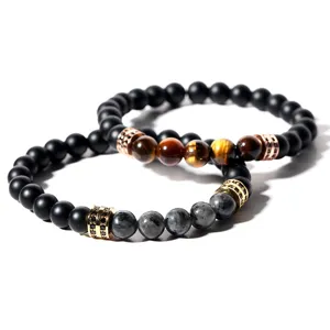 Pulsera de cuentas para hombre con cuentas negras mate, ojo de tigre, labradorita, circón.