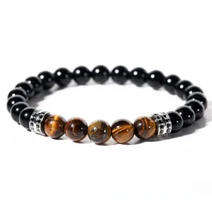 Pulsera para hombre de ojo de tigre y obsidiana negra con cuentas de circonita cúbica.