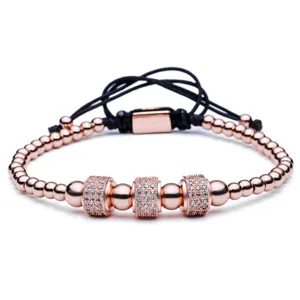 Men's luxury micro-paved cubic zirconia beaded braided bracelet in elegant rose gold finish.