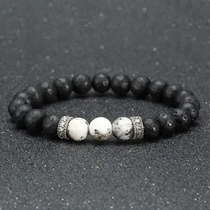 Bracelet en pierre de lave noire 8mm avec perles blanches et entretoises en metal pour yoga