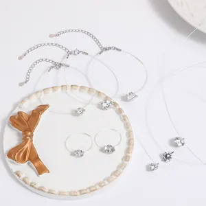 S925 silver transparent fishline zircon necklace ring bracelet set minimalist dainty jewelry