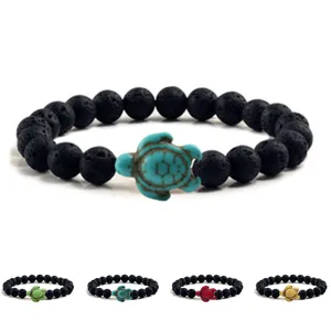 Schwarze Lavastein Perlenarmband mit Schildkröten Anhänger elastische Paare Modeschmuck