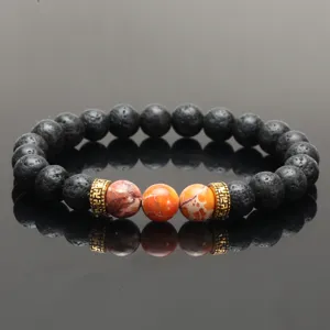 Natural Lava Stone Yoga Energy Bracelet Antique Gold Alloy Spacer Beads Semi Precious Imperial Jasper Beaded Bangles For Unisex Everyday Fashion Jewelry