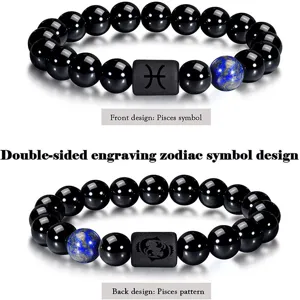 Pulsera de piedra obsidiana negra natural con símbolo del zodiaco Piscis y cuenta de lapislázuli.