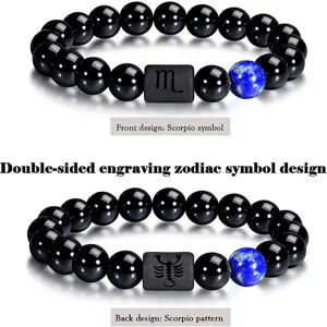 Pulsera del zodiaco de ágata negra con símbolo de escorpión y cuenta de piedra azul 10mm