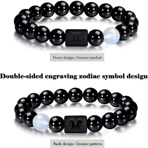 Pulsera de cuentas de ágata negra zodiaco Géminis dije cuadrado grabado para parejas