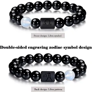 Pulsera Pareja Piedra Ágata Negra Natural 10mm Signo Zodiacal Libra Regalo Joyería Hombre Mujer