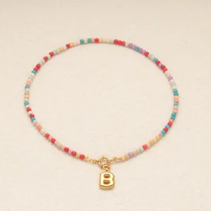 Collier ras du cou perles multicolores pendentif lettre B acier inoxydable bohème