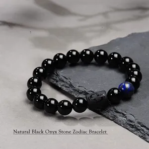 Pulsera del zodiaco de piedra ónix negra natural detalle, cuentas de 10mm con abalorio.