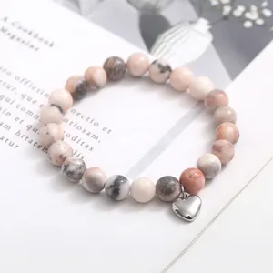 Modischer rosa Zebra Jaspis Perlenarmband mit Edelstahl Herz Anhänger Damen Schmuck Geschenk