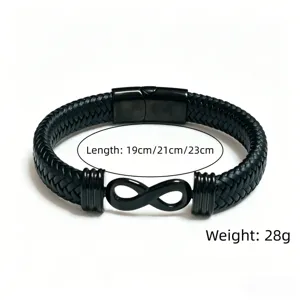Schwarzes geflochtenes Herren Lederarmband mit Unendlichkeitszeichen und Magnetverschluss