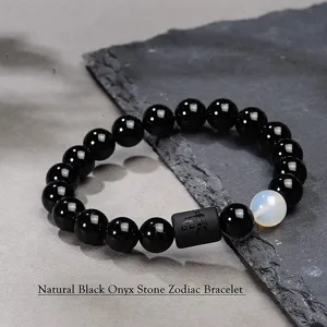Pulsera Zodiacal de Piedra ónix Negra Natural de 10mm Joyería de Cuentas para Regalo