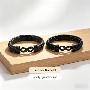 Schwarzes Herren Lederarmband mit Unendlichkeitssymbol Design und edlem Edelstahl Magnetverschluss.