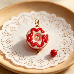 Nahaufnahme des niedlichen Emaillierten Donut-Anhängers mit Goldring für DIY-Schmuck.