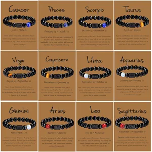 Pulsera del Zodiaco de Piedra de Ónice Negro Natural Pulsera de Cuentas de Ágata Para Hombres Mujeres Pareja Minimalista Sagitario Leo Joyería Regalo