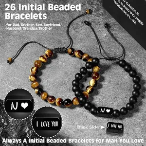 Bracciale di perle iniziali da uomo con occhio di tigre e pietra nera, gioielli.