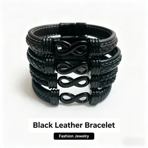 Schwarzes leder armband mehrschichtig geflochten unendlichkeitszeichen edelstahl herren schmuck