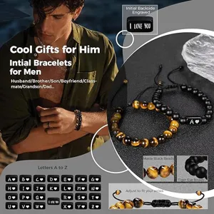 Bracciale Uomo Pietra Occhio di Tigre Iniziali Acciaio Inossidabile Regalo Gioiello