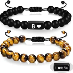 Bracciale Minimalista in Pietra Occhio di Tigre e Nero Opaco Acciaio Inossidabile Regolabile Corda Intrecciata Per Uomo Donna