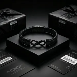 Nahaufnahme des schwarzen geflochtenen Lederarmbands mit Edelstahl Unendlichkeitssymbol.