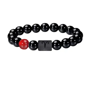 Pulsera del zodiaco de ágata negra natural con dijes de Aries, cuentas de 10mm para parejas.