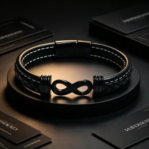Elegantes Herren Armband aus schwarzem Leder mit Unendlichkeitssymbol und Magnetverschluss.