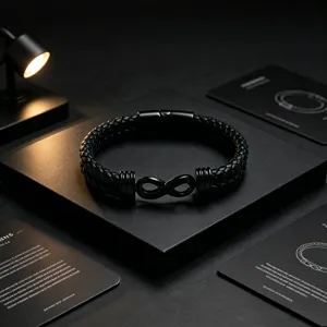 Schwarzes geflochtenes Herren Lederarmband mit Edelstahl Unendlichkeitszeichen Magnetverschluss.