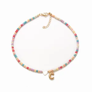 Bunte Perlen Kette Damen Mode Chunky Buchstabe C Anhänger Boho Stil Schmuck Geschenk