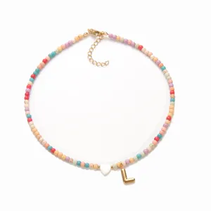 Bunte Perlen Damen Halskette mit Herz und Buchstaben Anhänger Boho Mode Schmuck