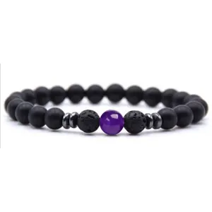 Mat zwarte vulkanisch gesteente en paarse edelsteen kralen yoga energie armband voor uniseks