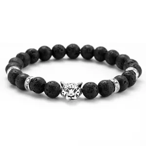 Bracciale di Perline in Pietra Naturale da Uomo Ciondolo Testa di Leopardo Ghepardo in Lega Braccialetto Elastico Strass Intarsiato Lucido Gioielli da Mano Regalo