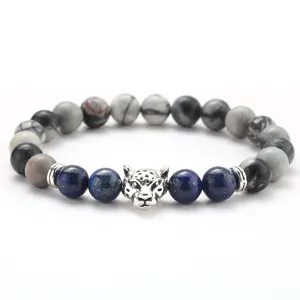Bracciale da uomo in pietra naturale da 8 mm con ciondolo a testa di leopardo.