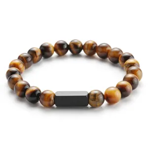 Bracciale con perline di occhio di tigre naturale e inserto in pietra nera moda.